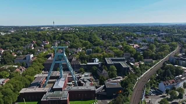 Aerial drone view of the German Mining Museum, also known as Deutsches Bergbau-Museum Bochum. This major museum showcases the history and technology of mining, featuring mineral specimens .