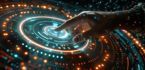 Futuristic interface interaction: A hand engaging with a digital holographic display
