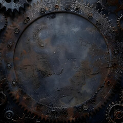 A metal circle with rusted gears and a black background. The circle is the center of the image and the gears are scattered around it. Scene is industrial and somewhat eerie