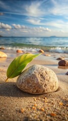 Obraz premium A small stone, embraced by a leaf, ocean's soothing phone wallpaper 