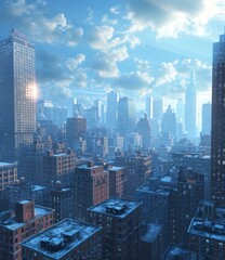 A cityscape of tall buildings with a blue sky and white clouds