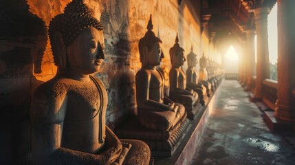 Shadows of intricate temple architecture framing serene Buddha statues in soft light