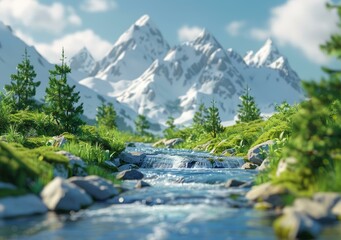 A beautiful landscape with snow-capped mountains, a river, and green trees