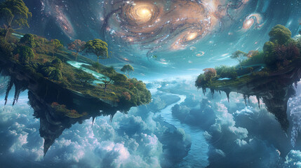 A tranquil scene set in a dimension where the sky is a canvas of swirling nebulas and stars, with...