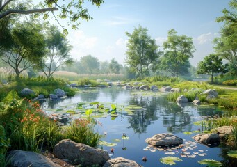 The sun shines through the trees and reflects off the water in the pond