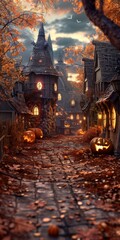 Fototapeta premium A cobblestone street in a fantasy village with jack-o'-lanterns lining the street