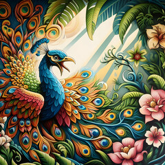 Fototapeta premium Whimsical Peacock Tears of Beauty in a Meadow of Colours,Enigmatic Peacock Sorrowful Elegance.