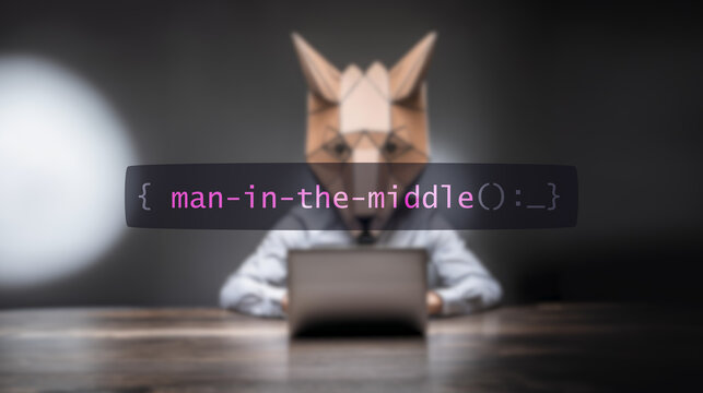 Man-in-the-middle on foreground screen, hacker silhouette hidden with hoodie in binary code. Vulnerability text in zero and one style, code on editor screen. Text in English.