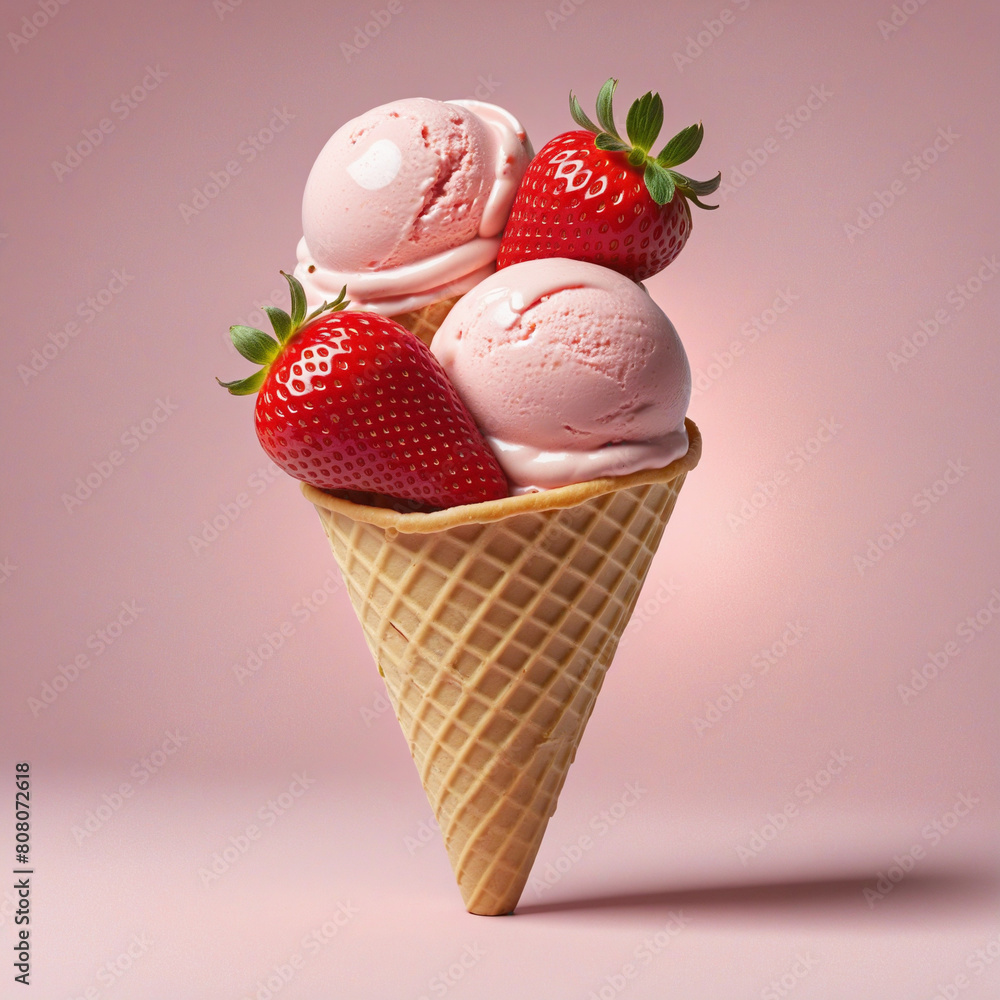 Poster three-dimensional render of a pink scoop of strawberry ice cream on an isolated cone with a transpar