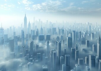 A bird's eye view of a foggy cityscape with skyscrapers and sunlight