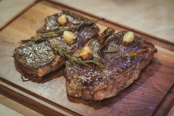 beef steak sous vide with rosemary and garlic, home cooked dish