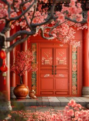 Chinese courtyard with red door and pink flowers