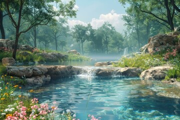 Obraz premium A beautiful landscape with a river, waterfall, and flowers