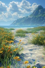 Beach with yellow flowers and mountains in the background