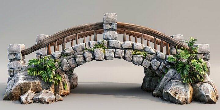 Cartoon stone bridge with wooden railing