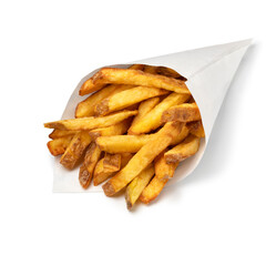 Traditional paper bag with fresh baked French peel potato fries isolated on white background close up