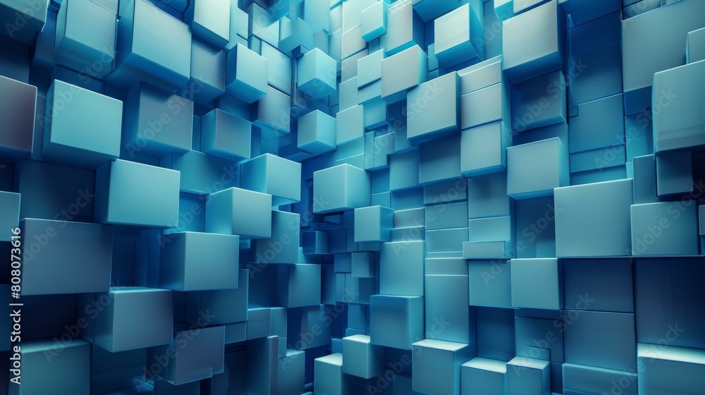 Poster blue abstract 3d background of randomly sized cubes.