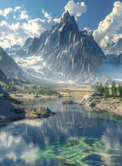 Fantasy mountain landscape with lake and trees