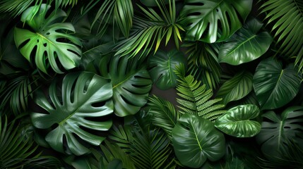 A lush tropical leaf background with monstera, palm, and fern leaves.