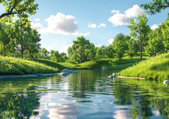 The river flows through the middle of the green hills