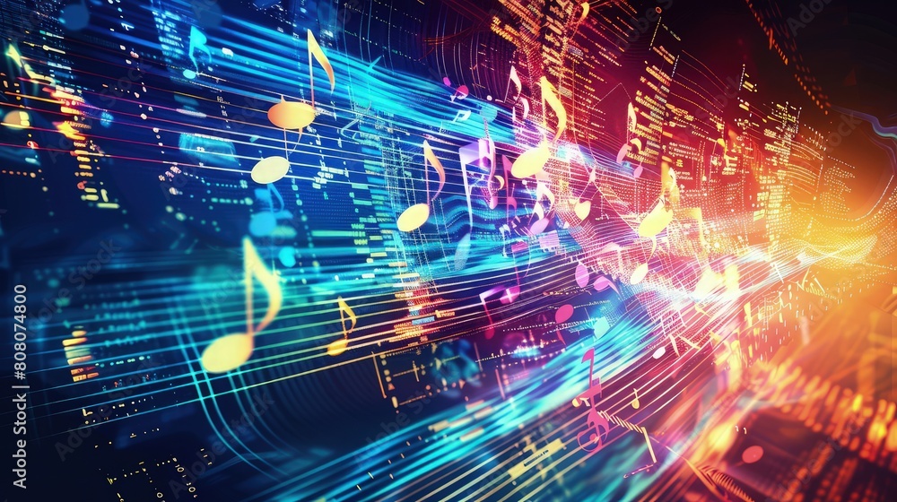 Poster an abstract background depiction of musical notes flowing like stream abstract musical background