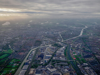 rotterdam north sea aerial Netherlands holland panorama from airplane before landing to AMsterdam...