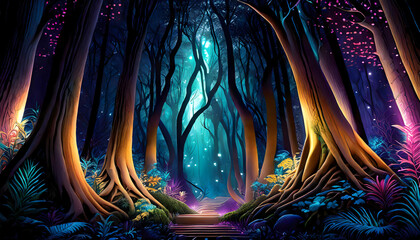 Abstract Fantasy forest, Geometric shapes, abstract patterns on digital art concept, Generative AI.