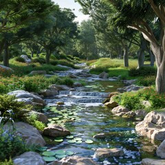 Fototapeta premium Small river flowing through a lush green forest with rocks and lily pads