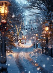 A snowy path lit by street lamps