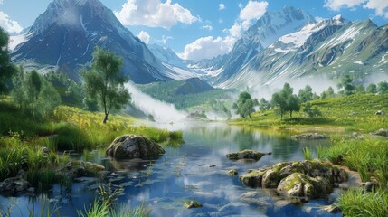 Stunning mountain landscape with crystal clear lake and lush green meadows