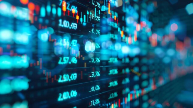 Stock market ticker tape scrolling with real-time price updates, financial news