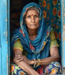 Portrait of an elderly Indian woman in a blue headscarf