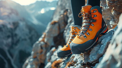 A closeup of Rock Climbing Climbing shoes, against Rock as background, hyperrealistic sports...