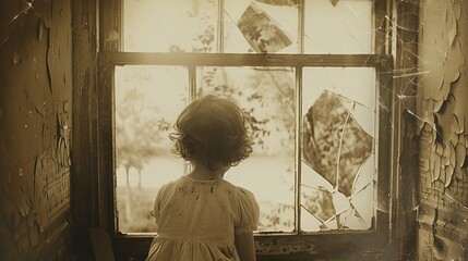 Young child gazing through a shattered attic window in a sepia tone