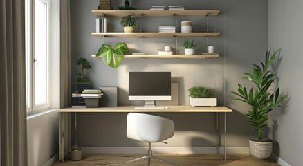 Home office, workspace and modern furniture for real estate, creative aesthetic and decoration with plants. Feng shui, minimal and interior design for business room of freelancer or setup display