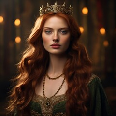 Fototapeta premium beautiful woman, high cheekbones, angular face, long auburn red hair, gold diadem, green medieval clothes, princess