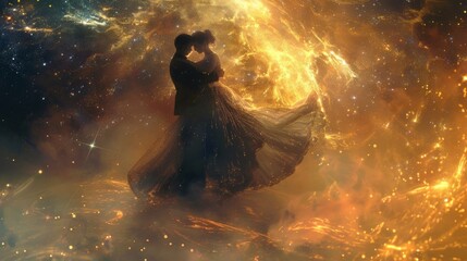 Obraz premium Romantic couple dancing in a majestic cosmic setting with stars