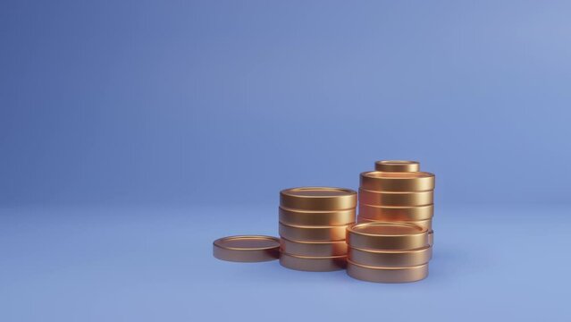 Coins stack increase with business growth concept and infographic with rising arrow. Growth of profit in coins. Brilliant coins appear and grow. The image of financial growth or profit. 3d animation
