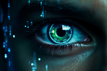 eye iris closeup, pupil, shapes with reflections, biometric scan technology, close up, green color, man face