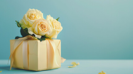 黄色いバラとプレゼントボックスのきれいな背景素材 16:9
