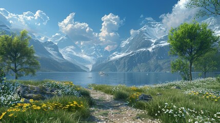 Mountains, lake, trees, flowers, and a path
