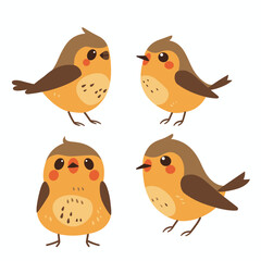 Fototapeta premium Cute cartoon birds with varying expressions set against a white background.