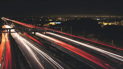 long exposure photography, cars, traffic, night top view.