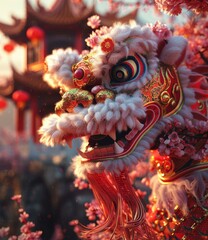 A close-up of a traditional Chinese lion dance costume with pink cherry blossoms