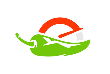 Chili pepper with gauges for heat pepper scale from low to high logo design. Spicy chili pepper with heat pepper scale rating meter graphic design