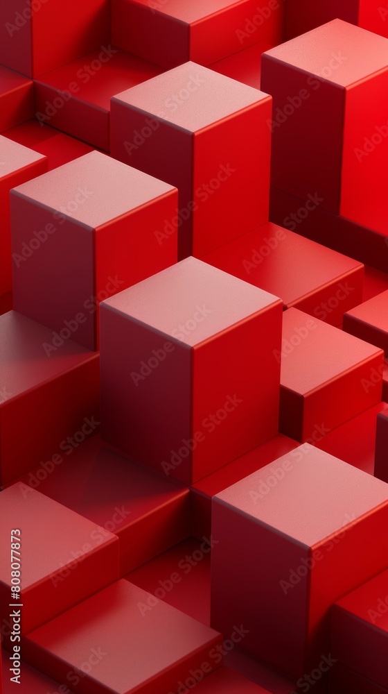 Poster red cubes of different sizes are arranged in a staggered pattern