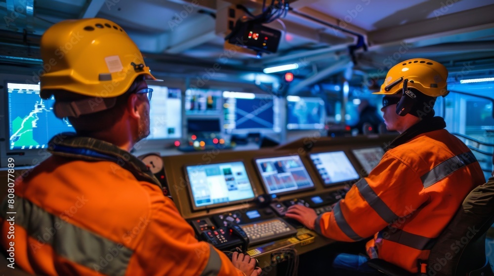Aufkleber Technicians monitoring data on computer screens in a control room on an oil platform