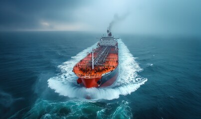Large Orange Ship Sailing in Ocean. Generative AI