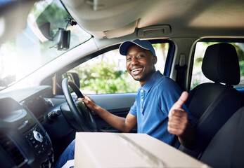 Black man, courier and thumbs up in car for boxes, portrait or smile for job in supply chain....