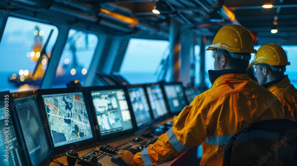 Aufkleber Technicians monitoring data on computer screens in a control room on an oil platform